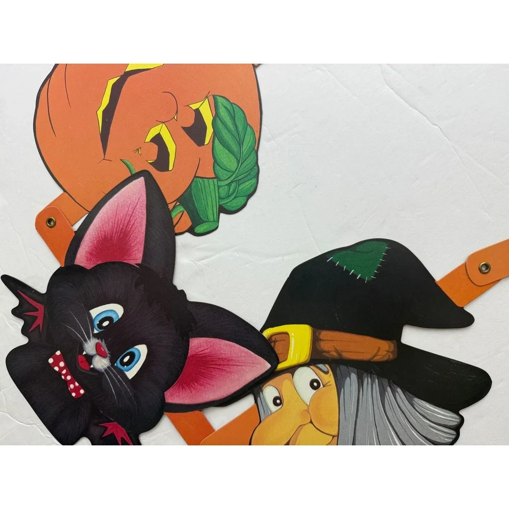 Vintage Halloween Jointed Cardboard Banner 5ft Cat Witch Skull Pumpkin Taiwan